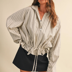 Linen Striped Balloon Sleeve Jacket
