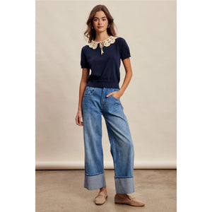Crochet Collar Short Sleeve Knit Top