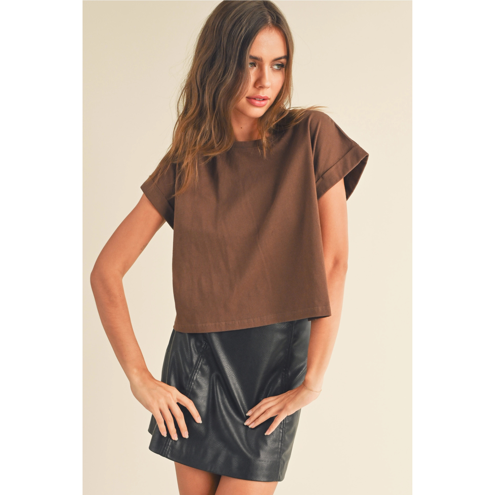 Round Neck Cuffed Sleeve Top