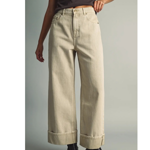Wide Cuffed Denim Pants with A Vintage Washed