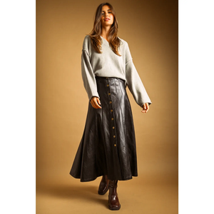 Faux Leather Button Long Skirt