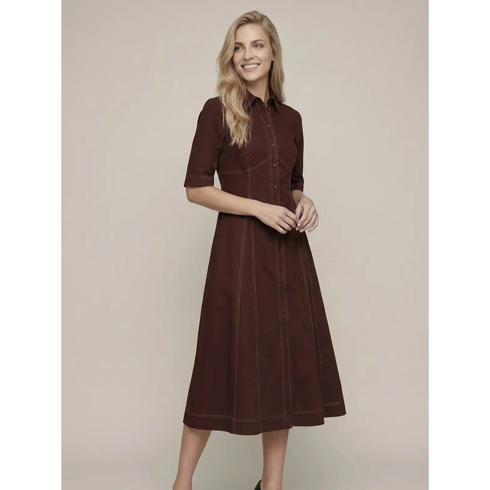 Seamed Pleated Midi Dress