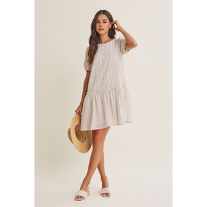 Button Stripe Puffy Sleeved Dress
