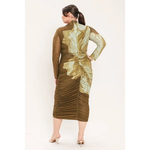Brown Blossom Power Mesh Midi Dress