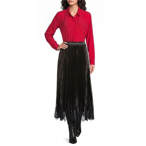 Lace Hem Pleated Satin Midi Skirt