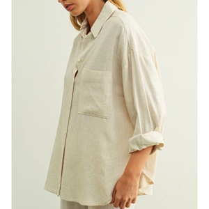 Linen Button Front Long Sleeve Blouse