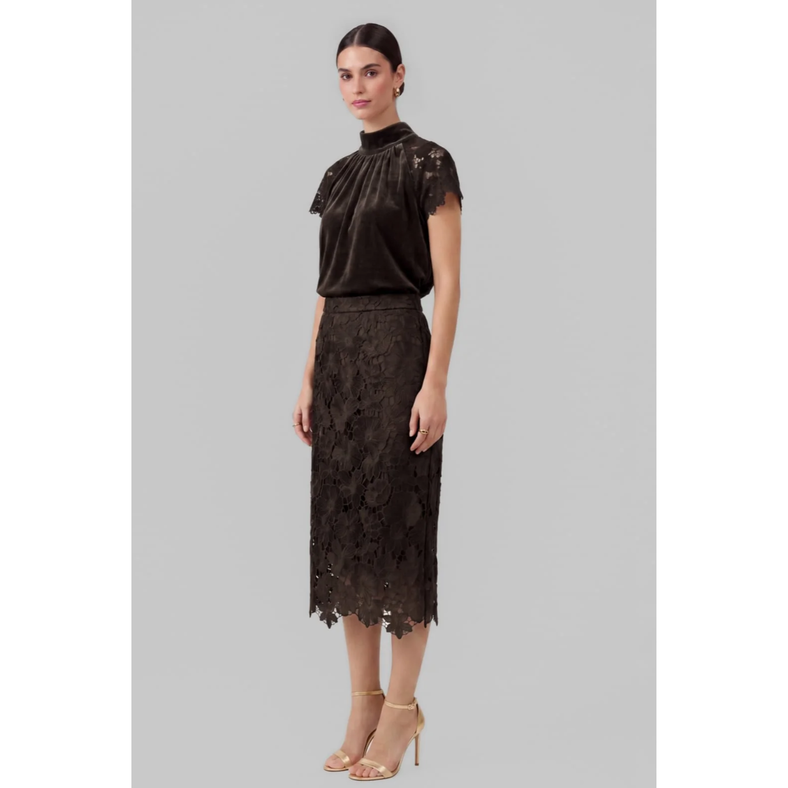 Velvet Floral Lace Midi Skirt