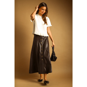Faux Leather Button Long Skirt