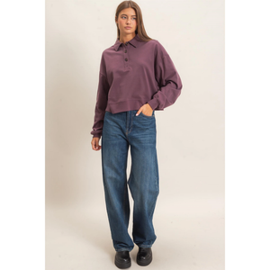 Washed Button-Front Collared Sweatshirt
