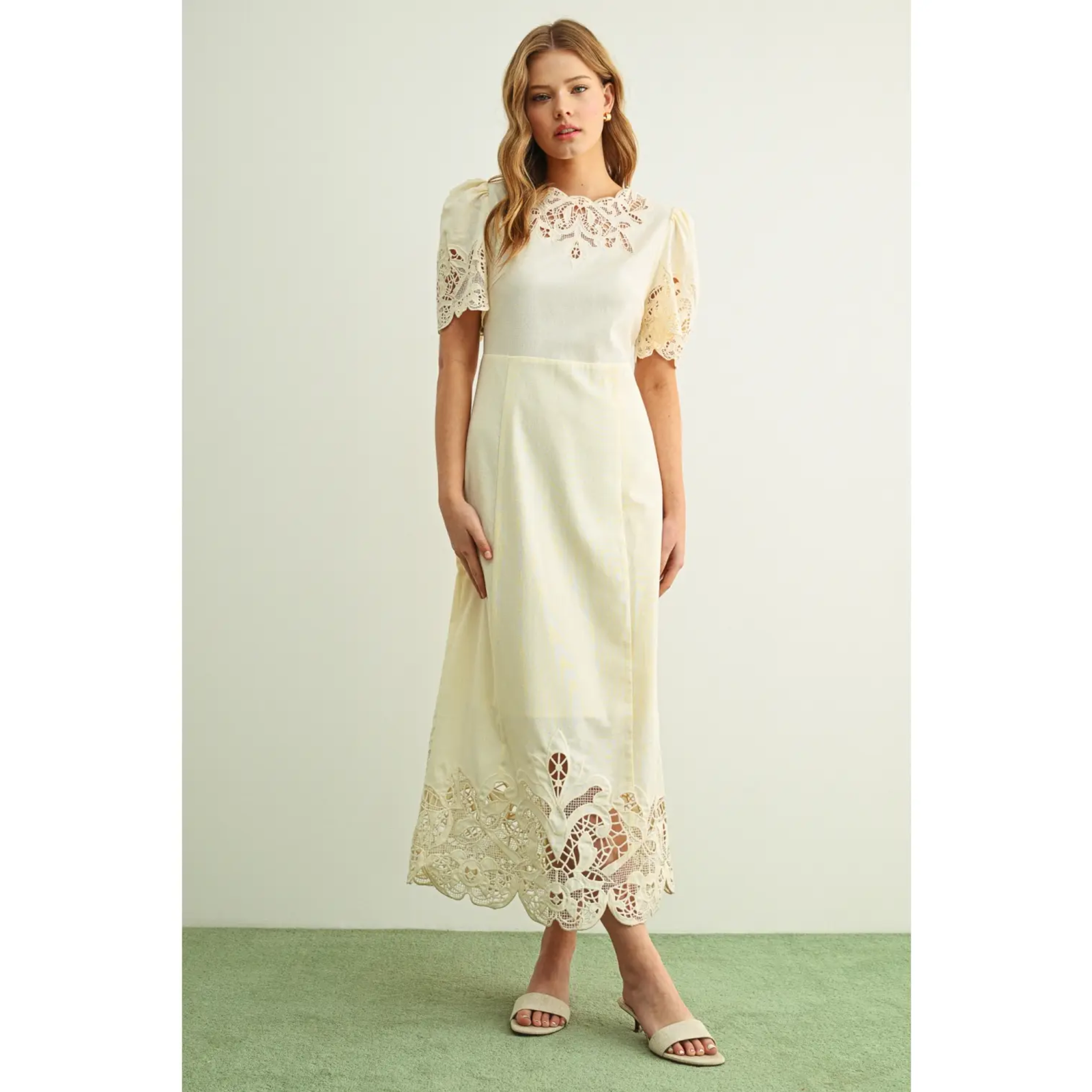 Floral Embroidery Detail Linen Long Dress