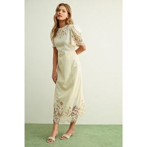 Floral Embroidery Detail Linen Long Dress