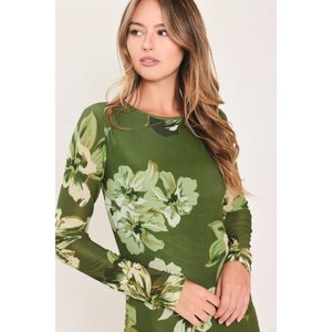 Enchanted Grove Moss Green Printed Mesh Ankle Dress