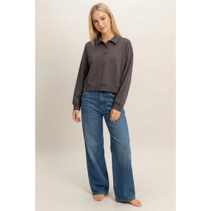 Washed Button-Front Collared Sweatshirt