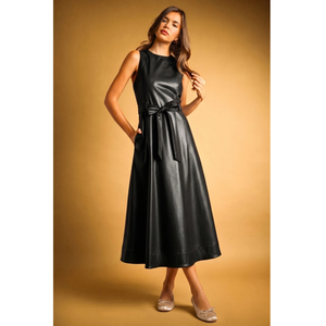 Faux Leather Sleeveless Dress with Belt