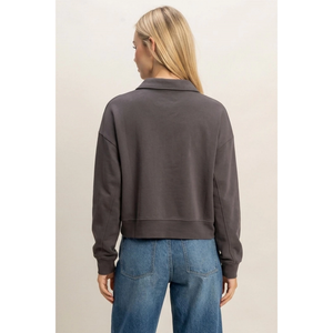 Washed Button-Front Collared Sweatshirt