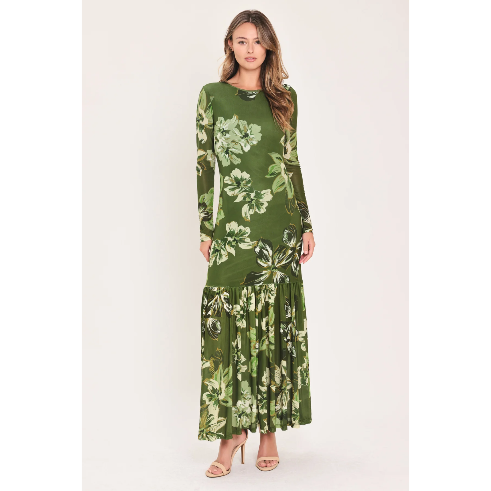 Enchanted Grove Moss Green Printed Mesh Ankle Dress