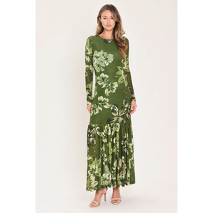 Enchanted Grove Moss Green Printed Mesh Ankle Dress