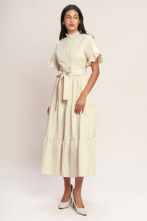 Solid Cream Woven Midi Dress