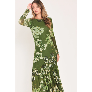 Enchanted Grove Moss Green Printed Mesh Ankle Dress