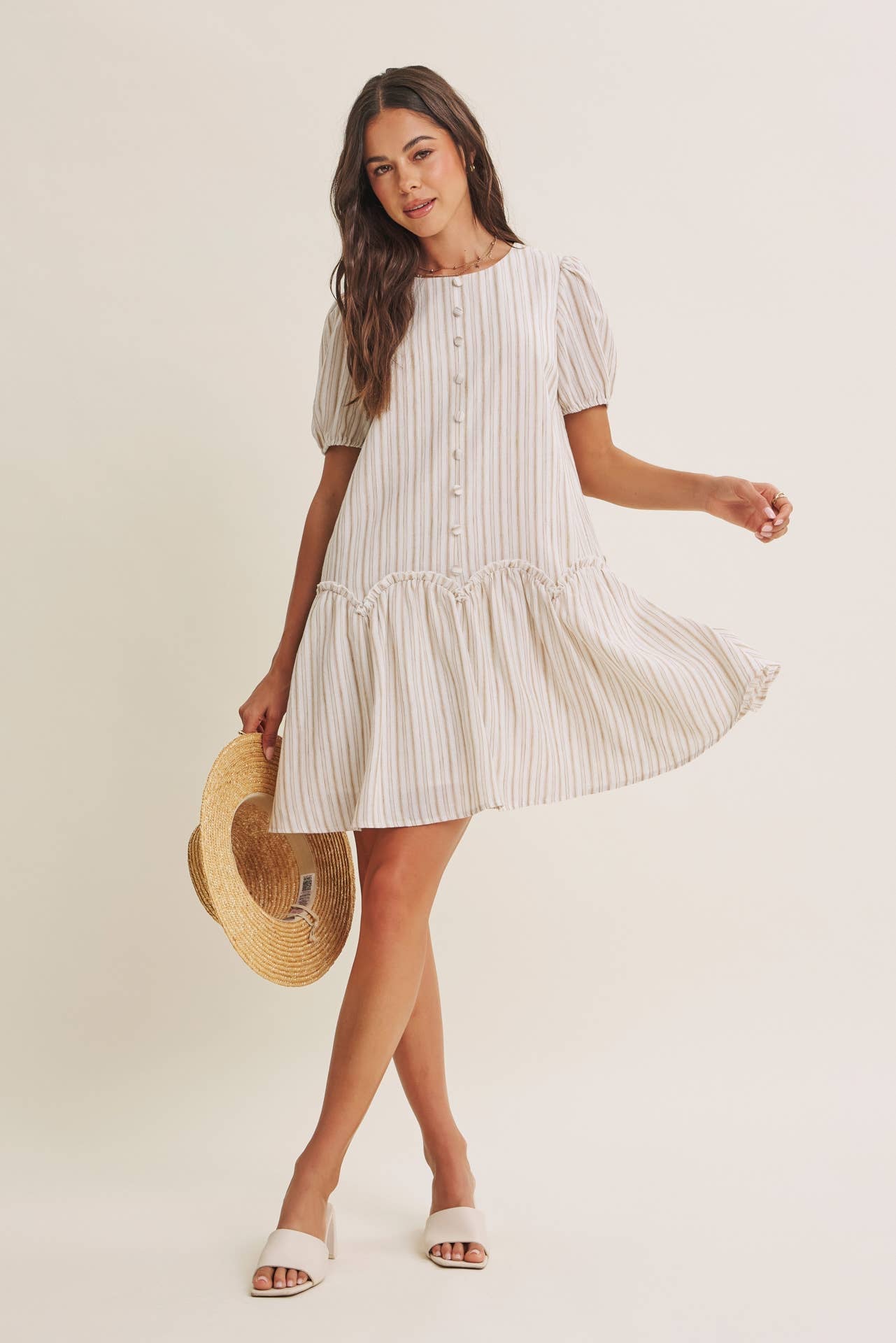 Button Stripe Puffy Sleeved Dress