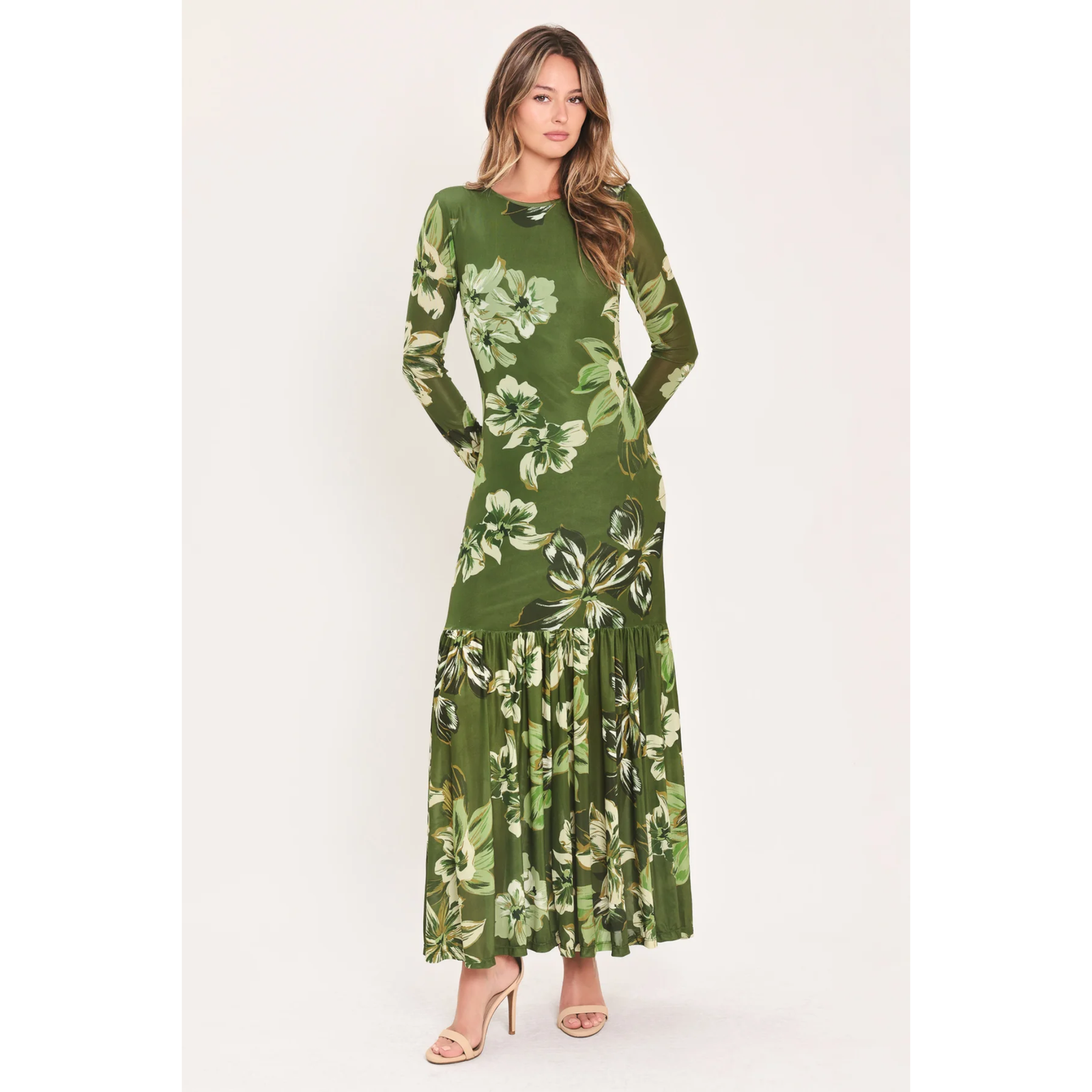 Enchanted Grove Moss Green Printed Mesh Ankle Dress