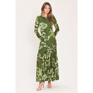 Enchanted Grove Moss Green Printed Mesh Ankle Dress