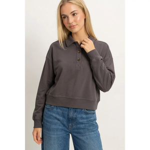 Washed Button-Front Collared Sweatshirt