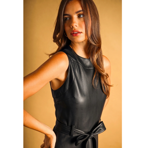 Faux Leather Sleeveless Dress with Belt