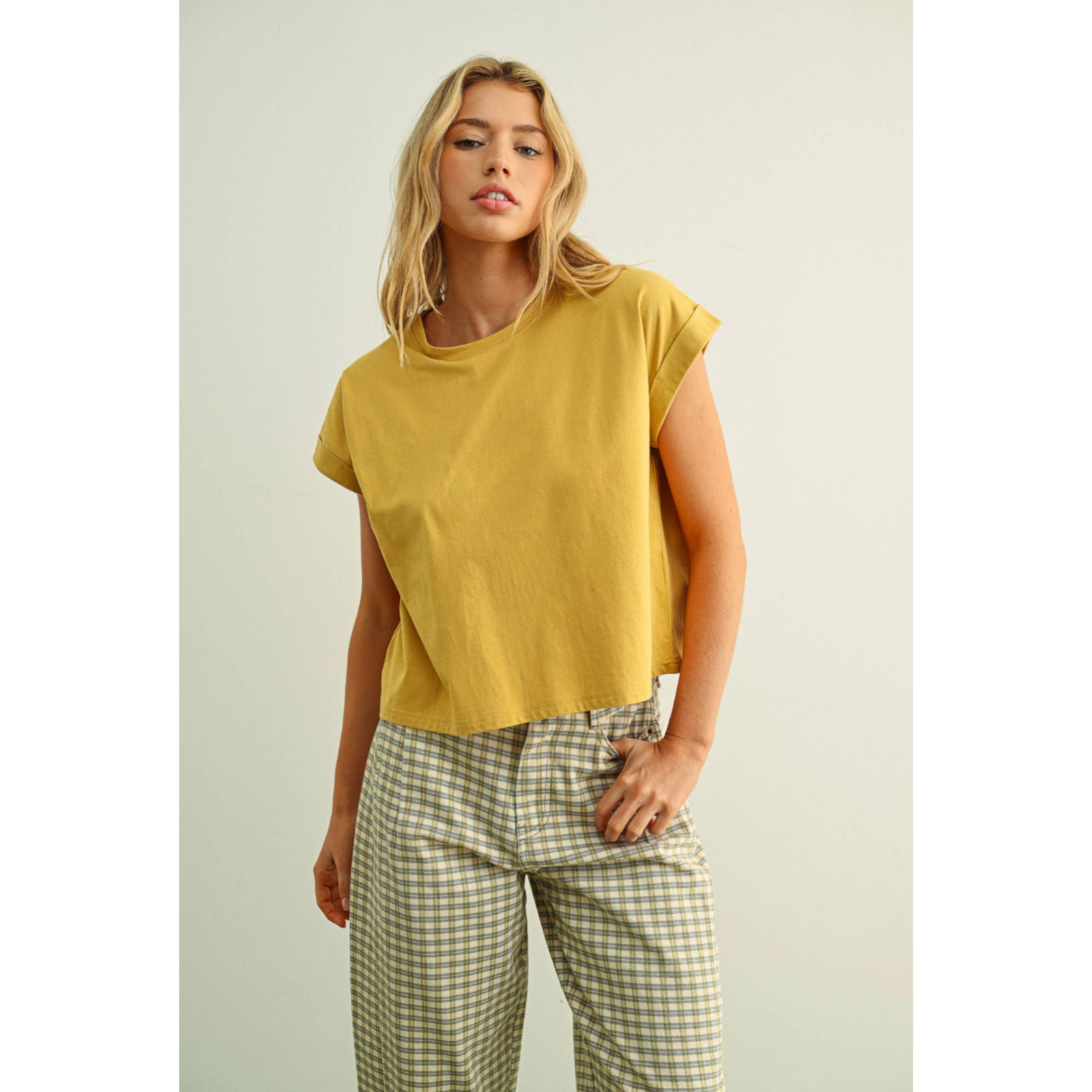 Round Neck Cuffed Sleeve Top