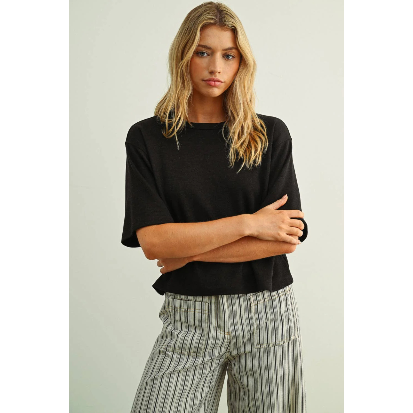 Charcoal Soft Brushed Fabric Short Sleeve Knitted Top