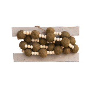 Wool Ball Garland with Wood Beads