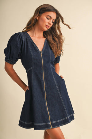 PUFF SLEEVES FRONT ZIP UP MINI DENIM DRESS